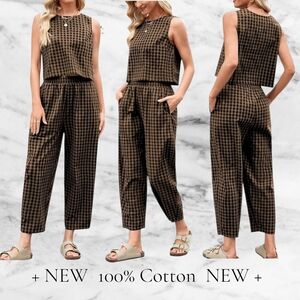 100% Cotton Gingham Loungeset | XL Khaki